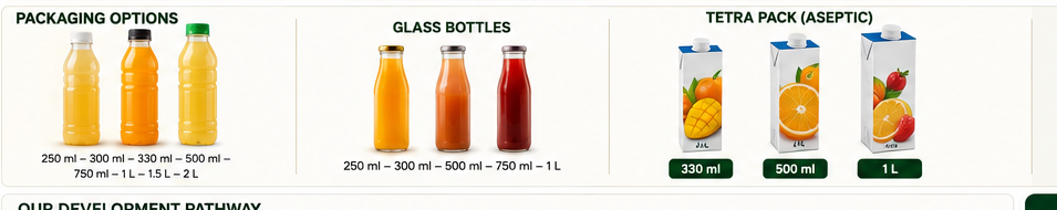 Juice packaging options in PET glass and Tetra Pack